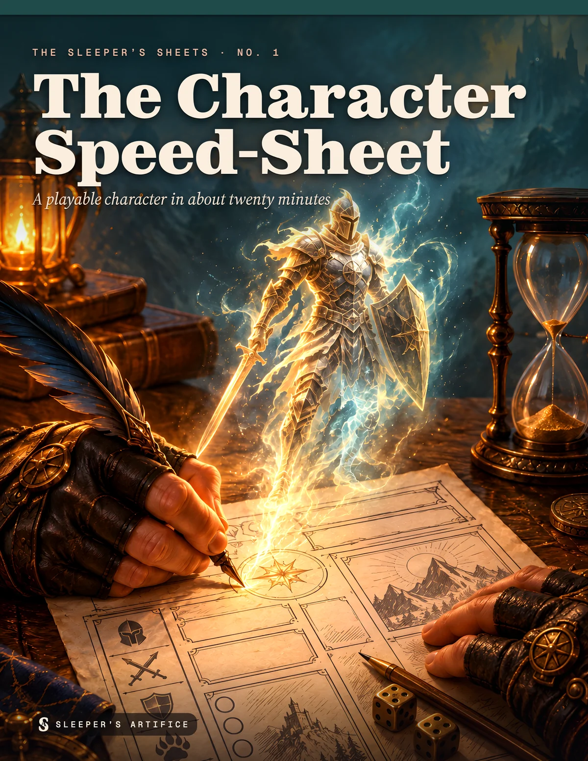 Cover of Character Speed-Sheet: hands filling in a character sheet by lamplight beside an hourglass and dice as a glowing warrior rises from the page