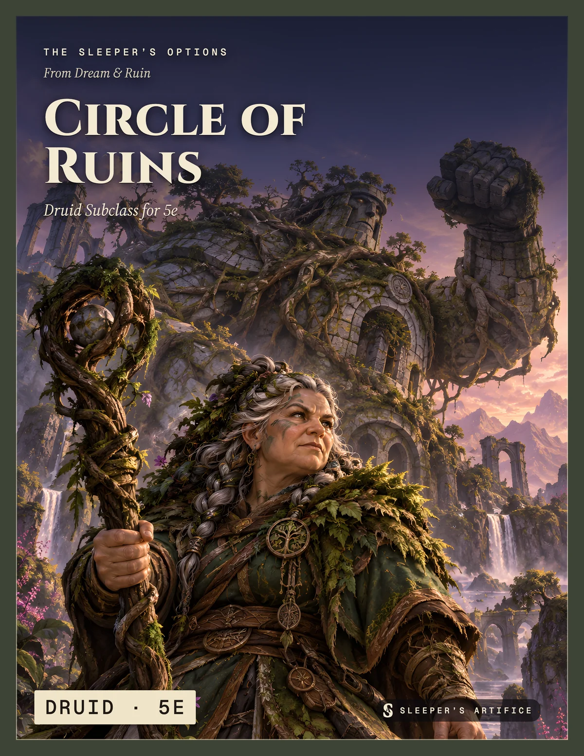 Cover of Circle of Ruins: an older dwarf druid with moss in her braids, a huge guardian of roots and old masonry rising behind her