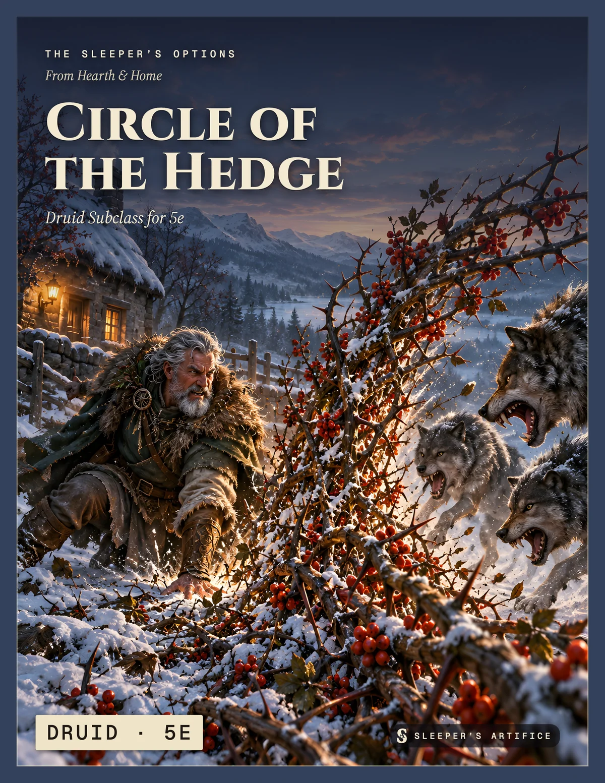 Cover of Circle of the Hedge: a grey-bearded druid pressing his palm to frozen ground as a thorn hedge erupts between a cottage and snarling wolves
