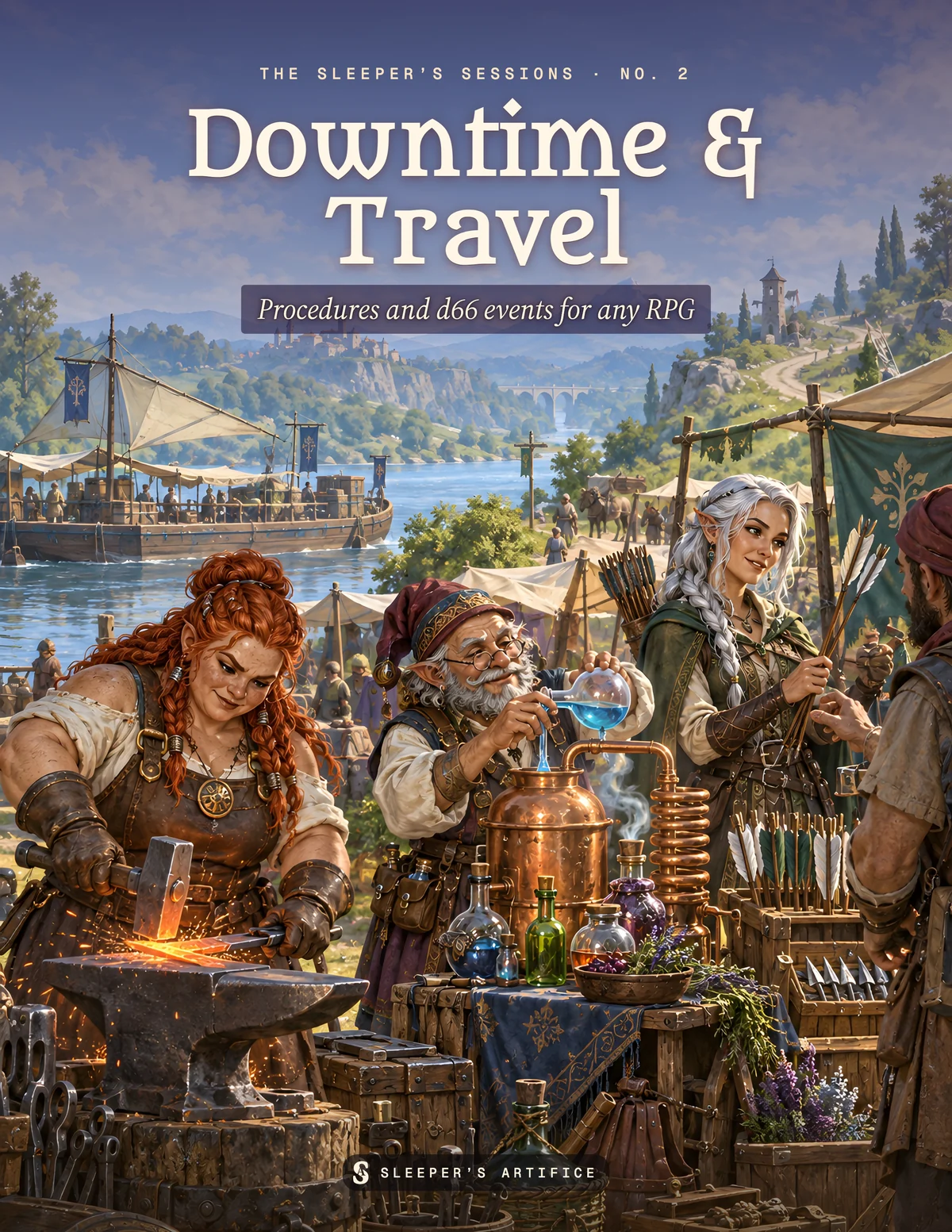 Cover of Downtime & Travel: a dwarf smith, a gnome alchemist and a half-elf fletcher at work in a sunny riverside market camp