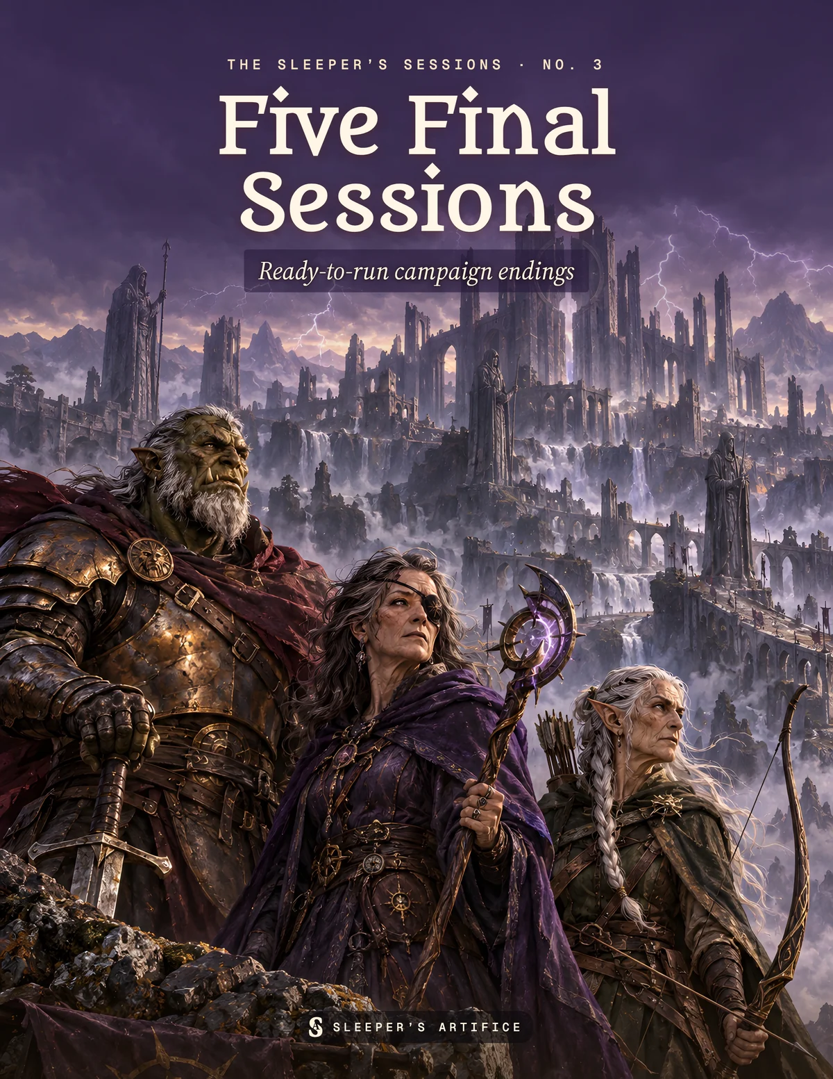 Cover of Five Final Sessions: three veteran heroes on a storm-lit cliff before a vast fallen citadel