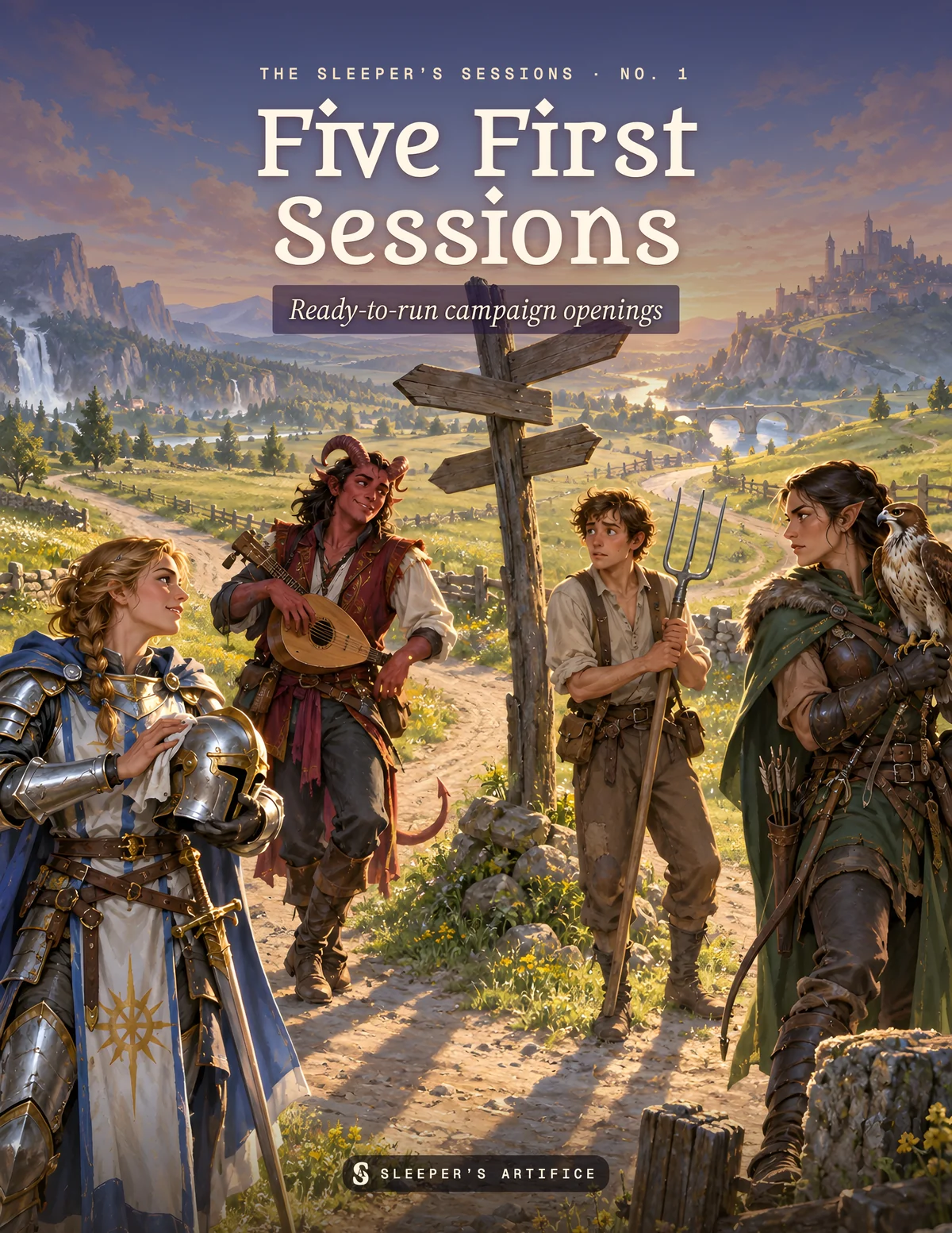 Cover of Five First Sessions: four new adventurers meeting at a crossroads signpost at sunrise above green hills