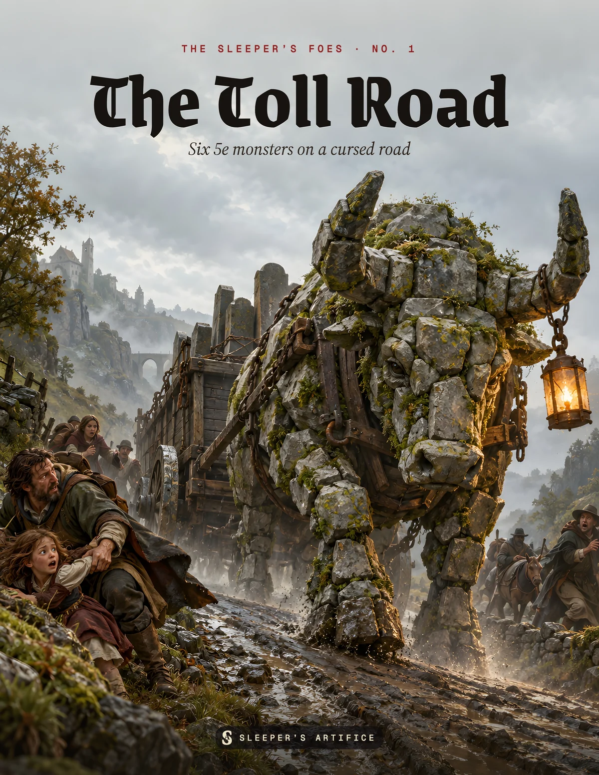Cover of The Toll Road: a huge ox built of mossy headstones hauling a cart down an old road as travellers scramble aside