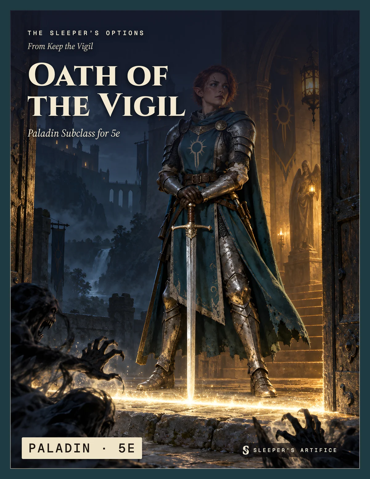 Cover of Oath of the Vigil: a red-haired paladin standing in a castle doorway at night, a line of light at her feet that shadows cannot cross