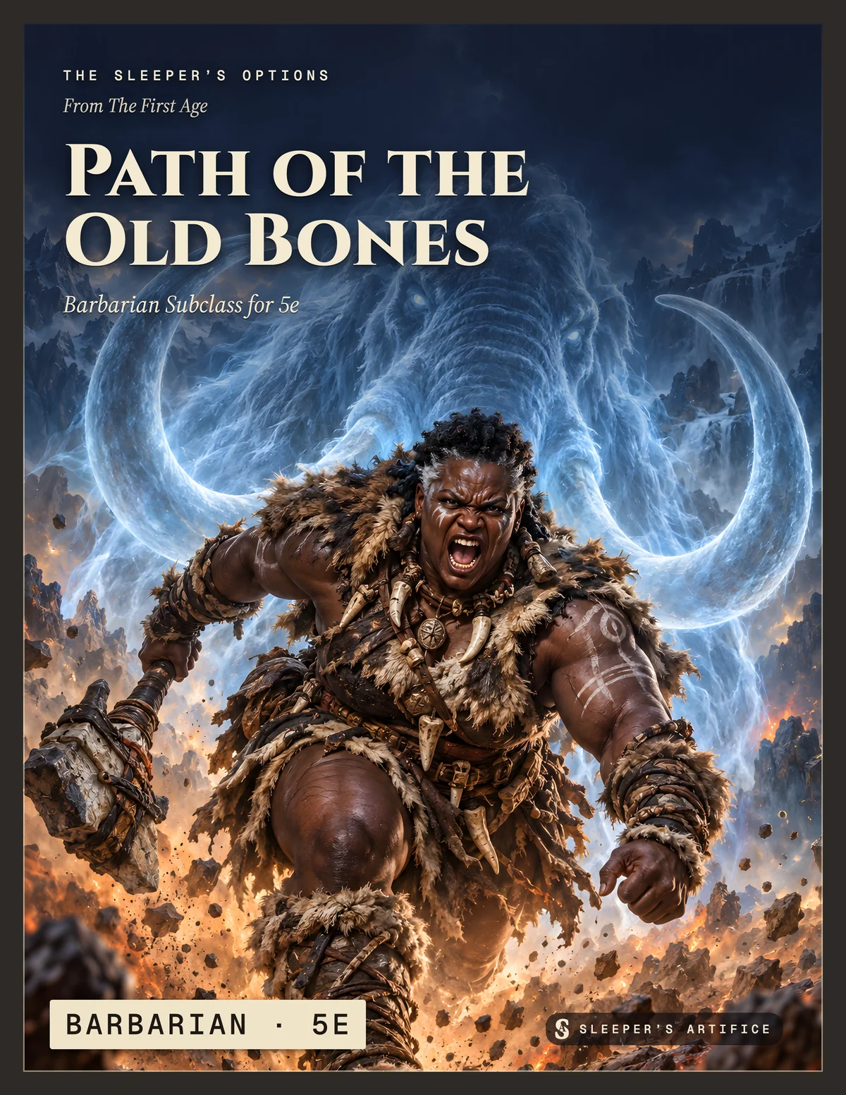 Cover of Path of the Old Bones: a barbarian charging mid-rage inside the ghostly shape of a woolly mammoth