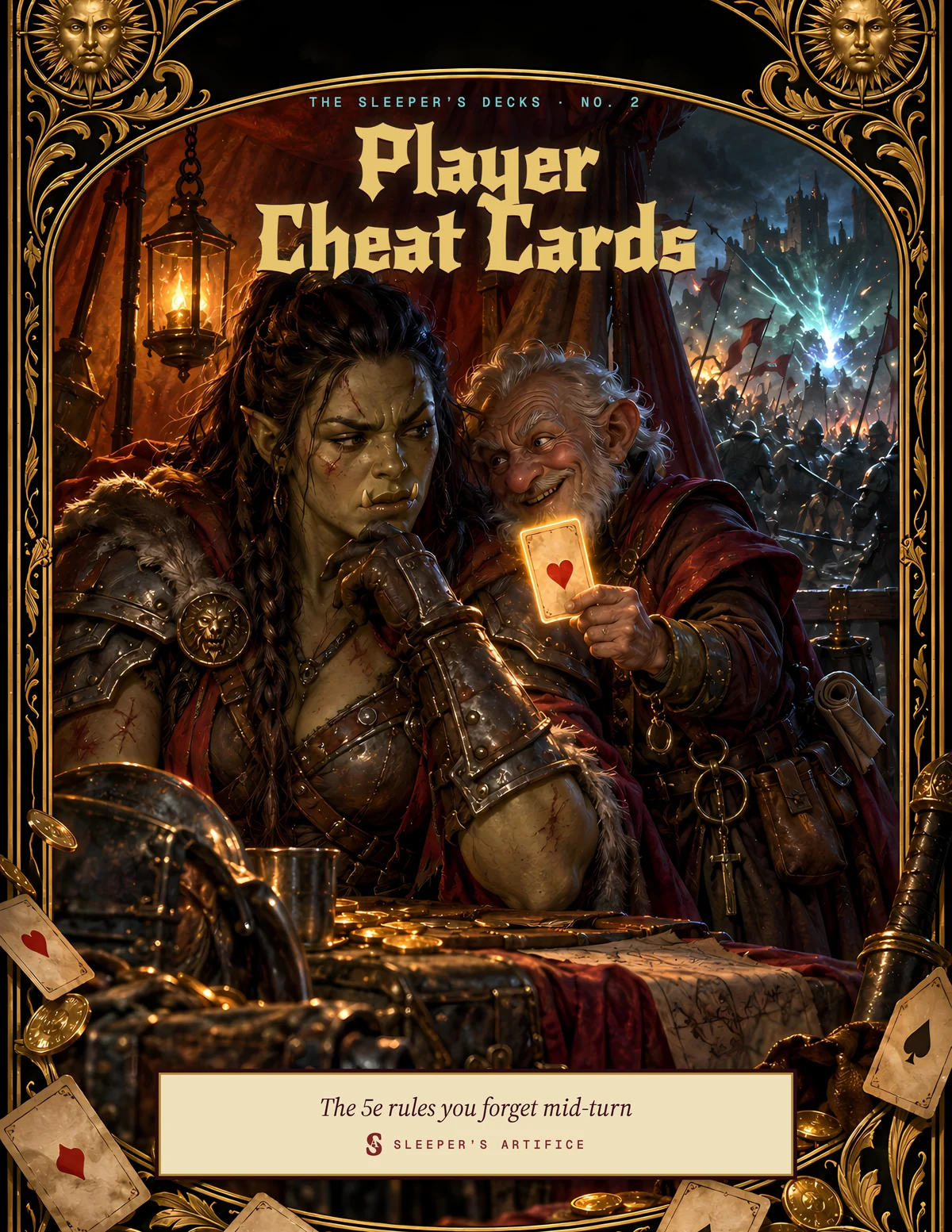 Cover of Player Cheat Cards: a sly old gnome whispering a forgotten rule to a scarred half-orc fighter in a war tent, framed like an ornate tarot card