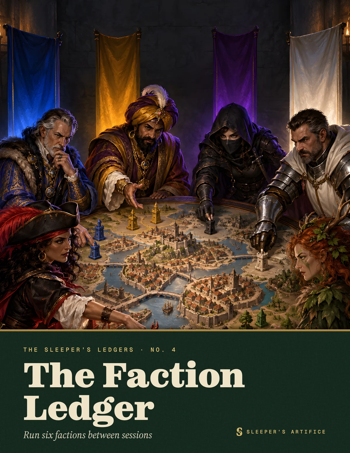 Cover of The Faction Ledger: six rival emissaries moving tokens across a city map on a round table, each lit by their own banner's color