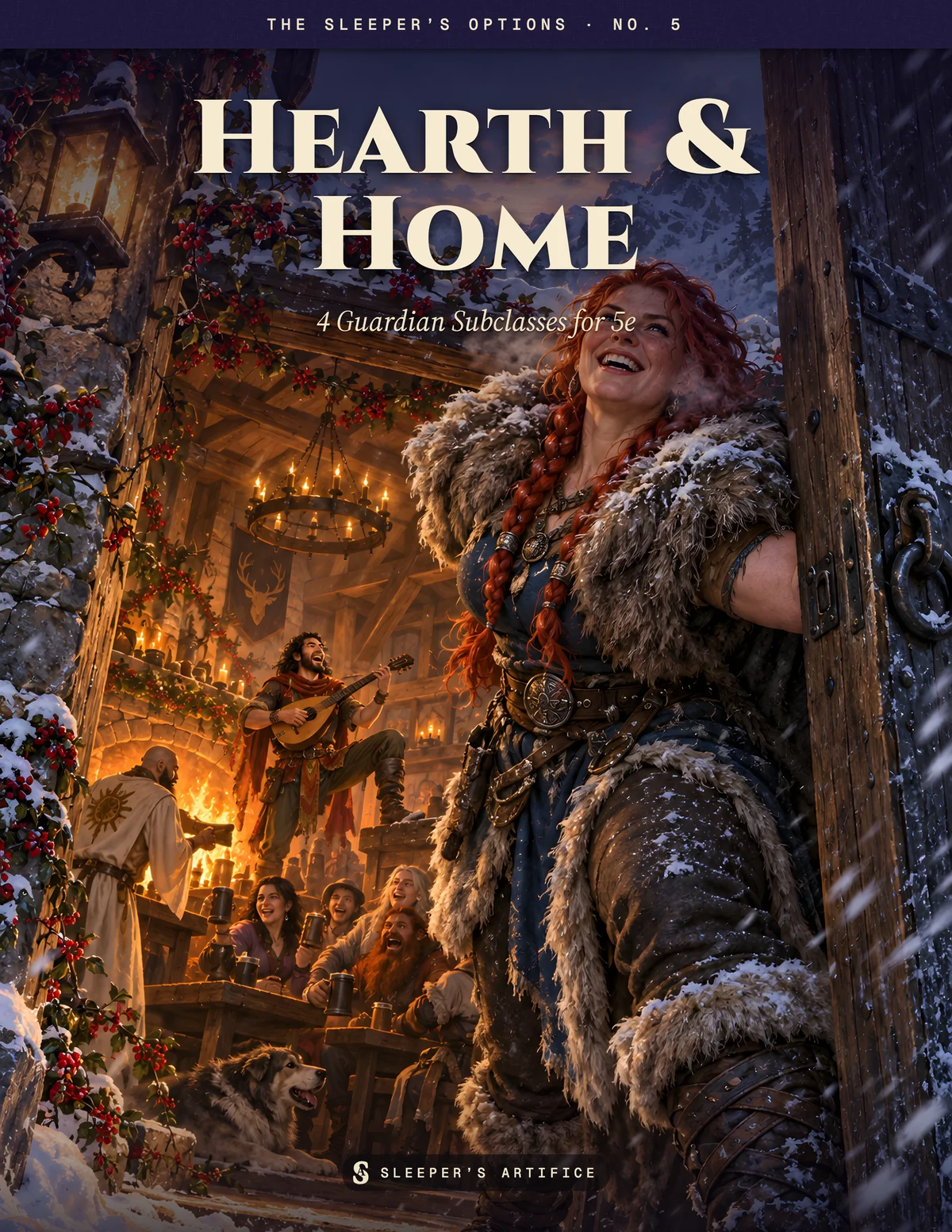 Cover of Hearth & Home: a grinning red-haired barbarian bracing an inn door against a snowstorm, the warm common room behind her