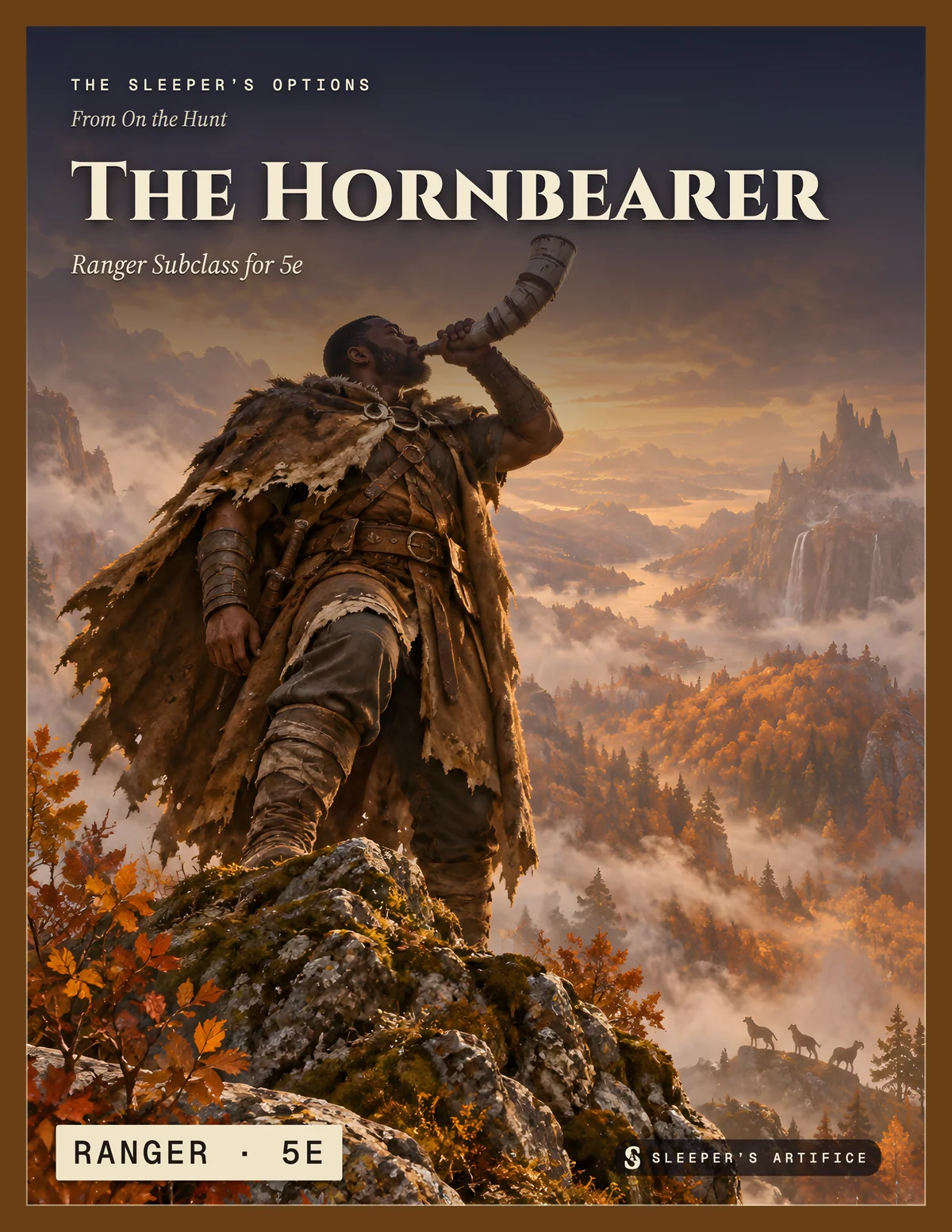 Cover of The Hornbearer: a lone hunter in a hide cloak blowing a pale bone horn on a misty tor in autumn