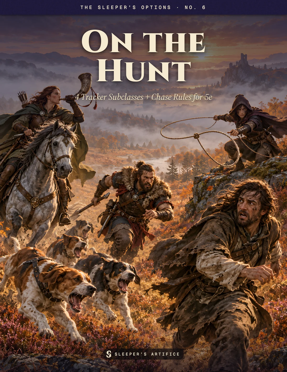 Cover of On the Hunt: riders, hounds and hunters racing across an autumn moor at dawn, a horn raised