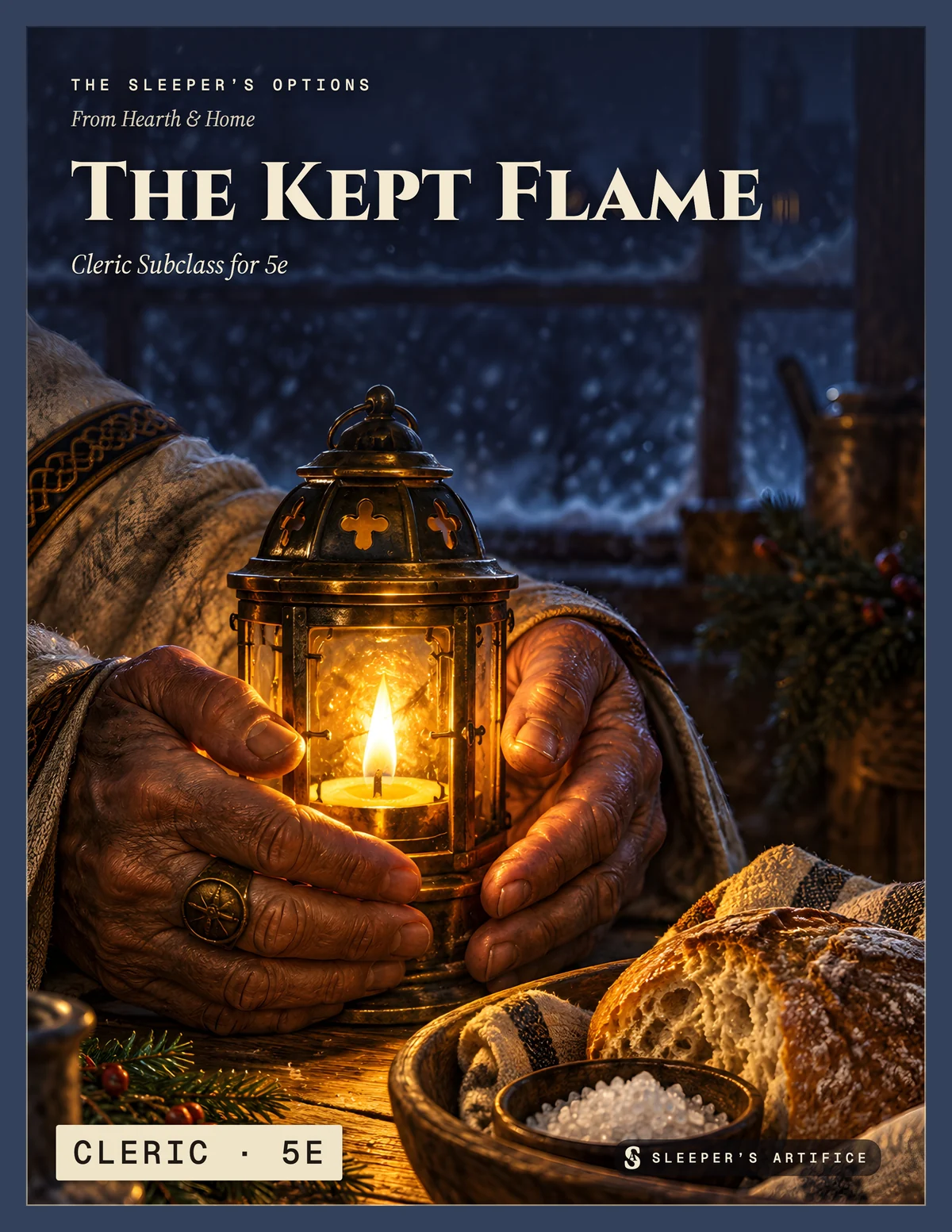 Cover of The Kept Flame: old, scarred hands cupping a small flame in a brass lantern beside a bowl of bread and salt, snow falling outside