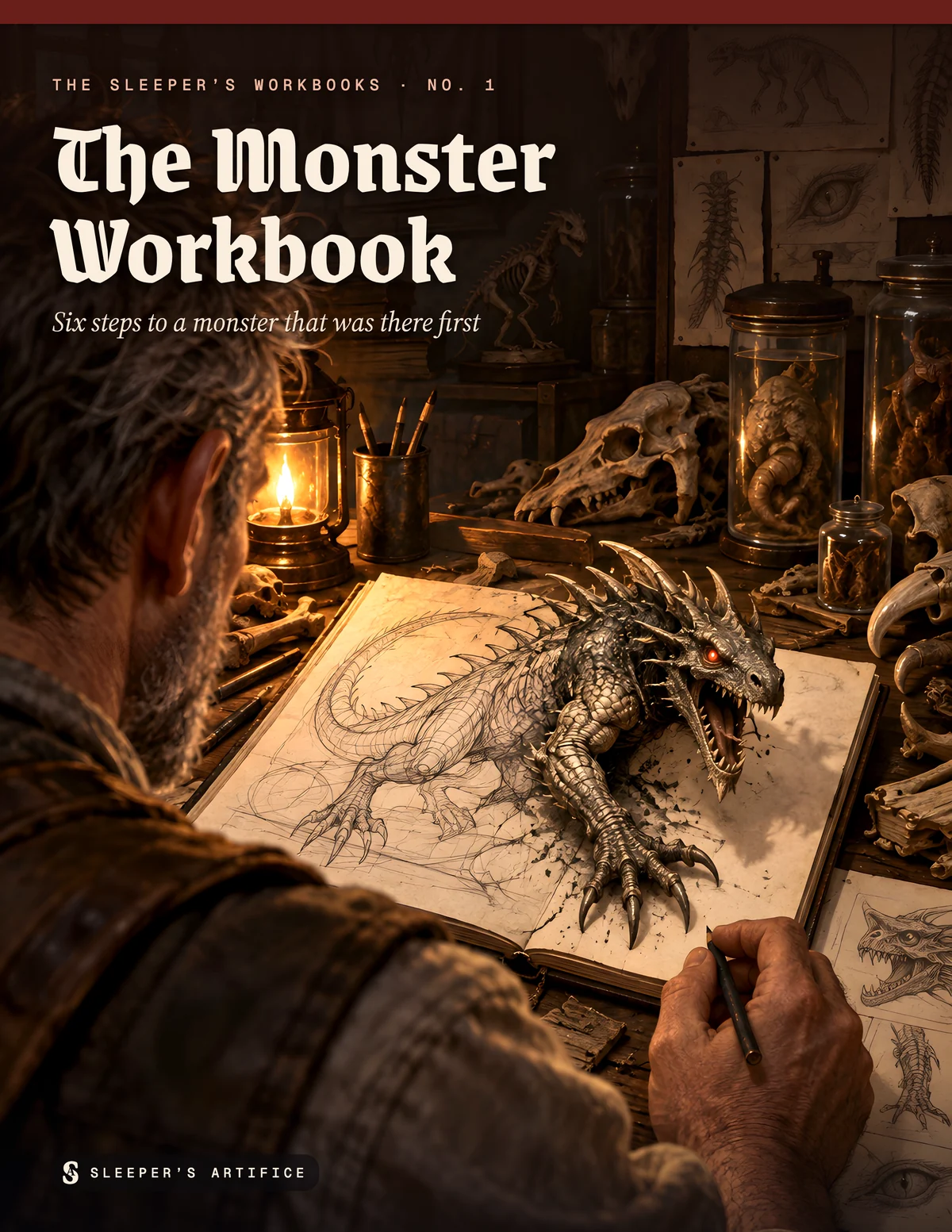 Cover of The Monster Workbook: over a designer's shoulder as a sketched dragon-like creature climbs up off the page of his workbook