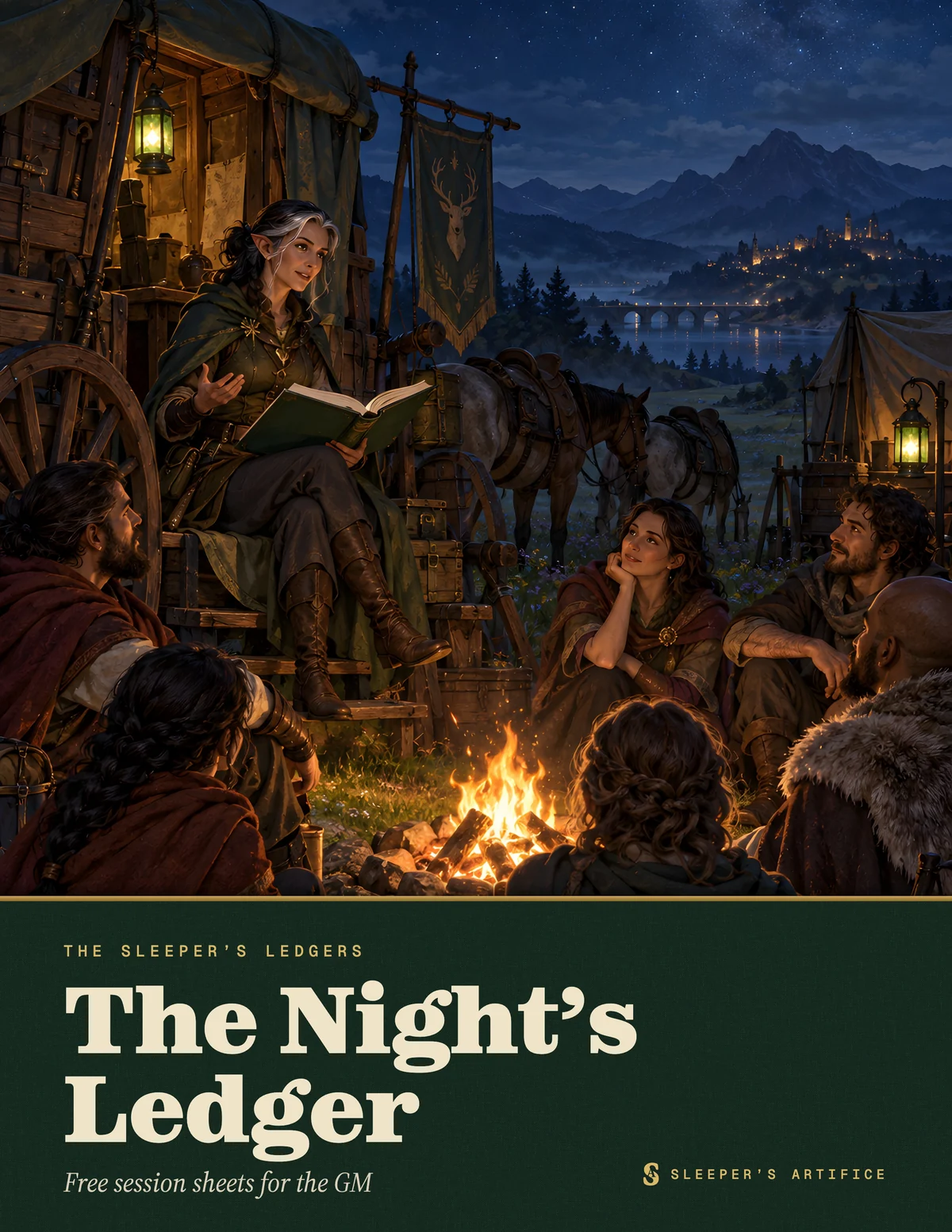 Cover of The Night's Ledger: a storyteller on a wagon step reading from a green ledger to travellers around a campfire under the stars