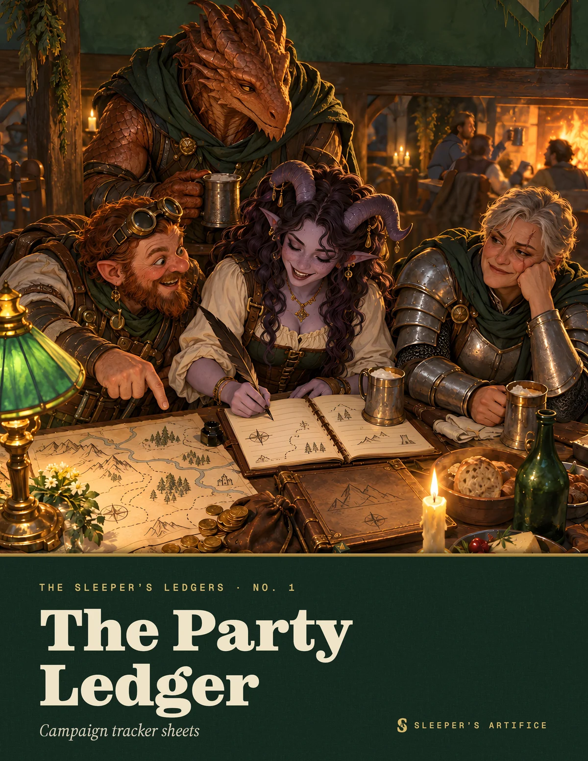 Cover of The Party Ledger: a tiefling, a gnome, a grey-haired knight and a dragonborn crowded over a ledger and map under a green lamp
