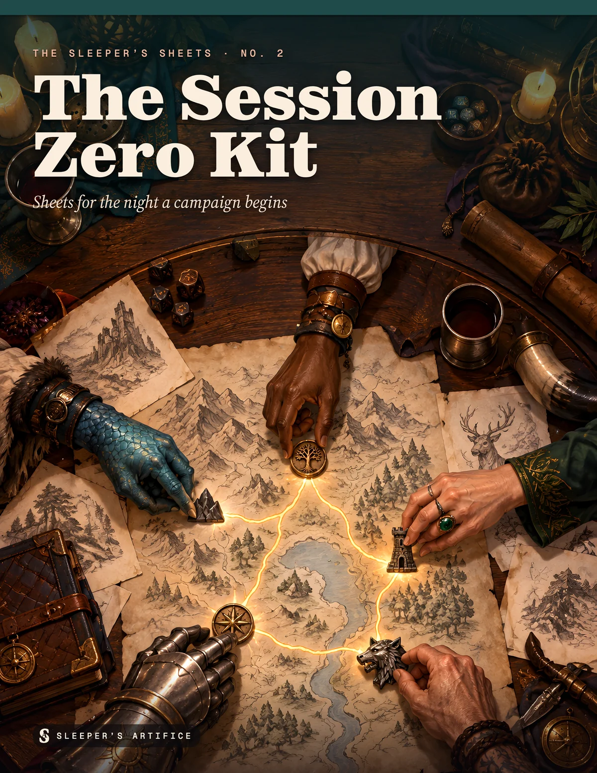 Cover of The Session Zero Kit: five different hands placing tokens and sketches on a blank map on a round table, its first roads glowing