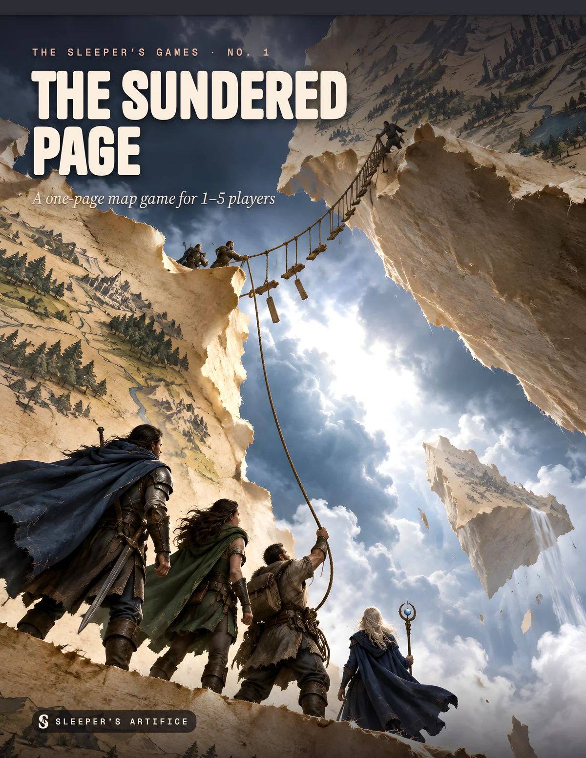 Cover of The Sundered Page: travellers at the ripped edge of a world made of paper, looking across a blank white chasm to the torn piece beyond