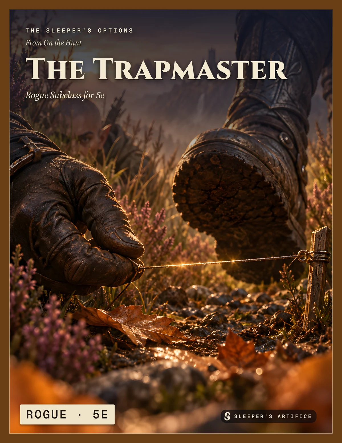 Cover of The Trapmaster: a close-up of a gloved hand pulling a snare wire taut as an armoured boot steps toward it through the heather