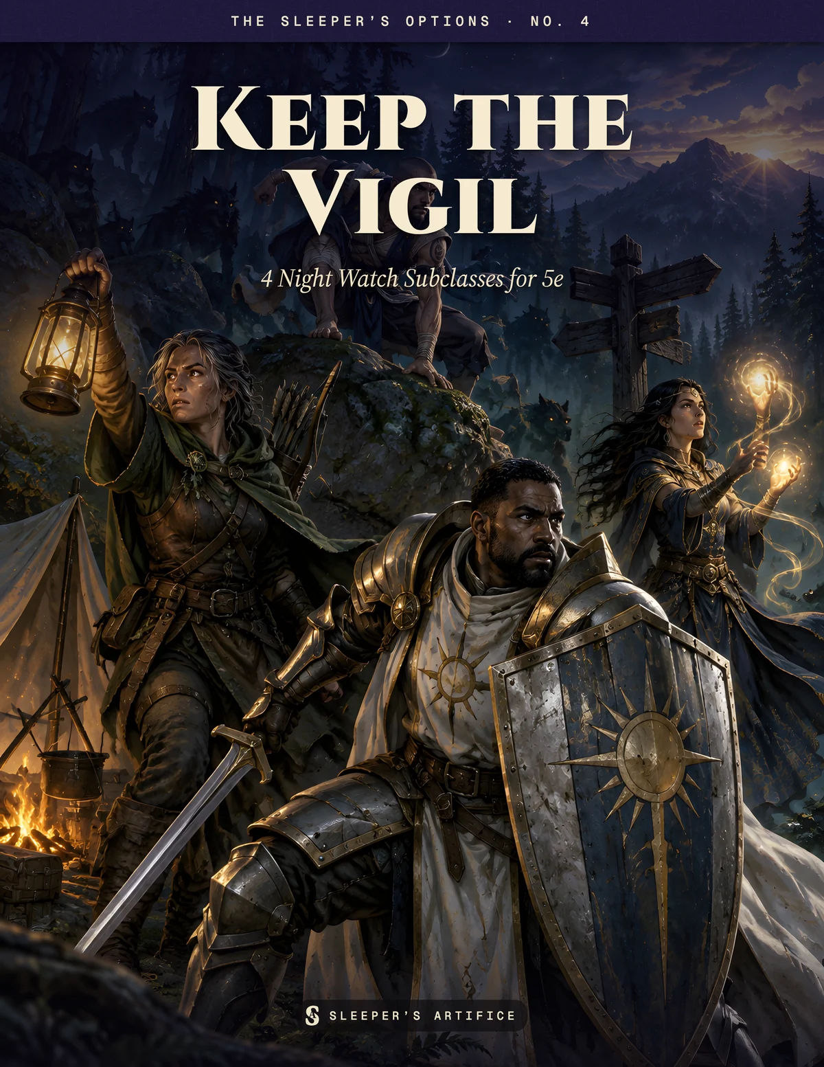 Cover of Keep the Vigil: four night watchers holding a lantern-lit crossroads camp, a paladin's sun shield raised