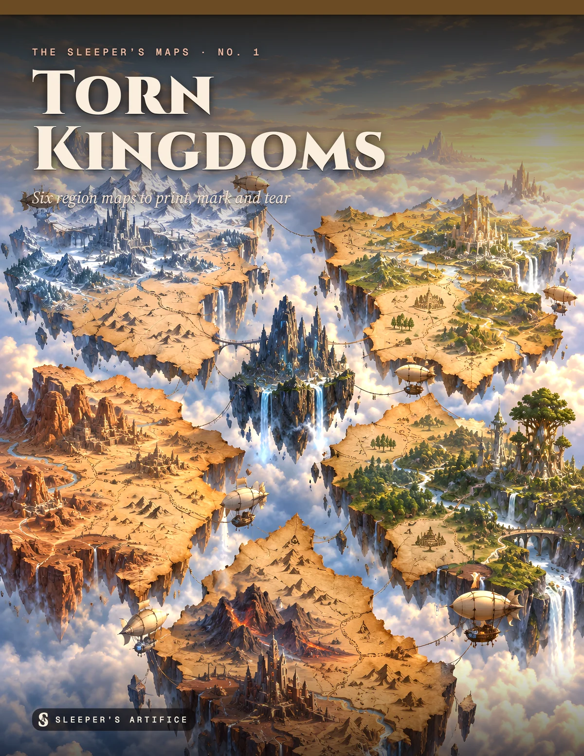Cover of Torn Kingdoms: kingdoms made of torn map parchment drifting apart over a sea of clouds while small airships stitch them together