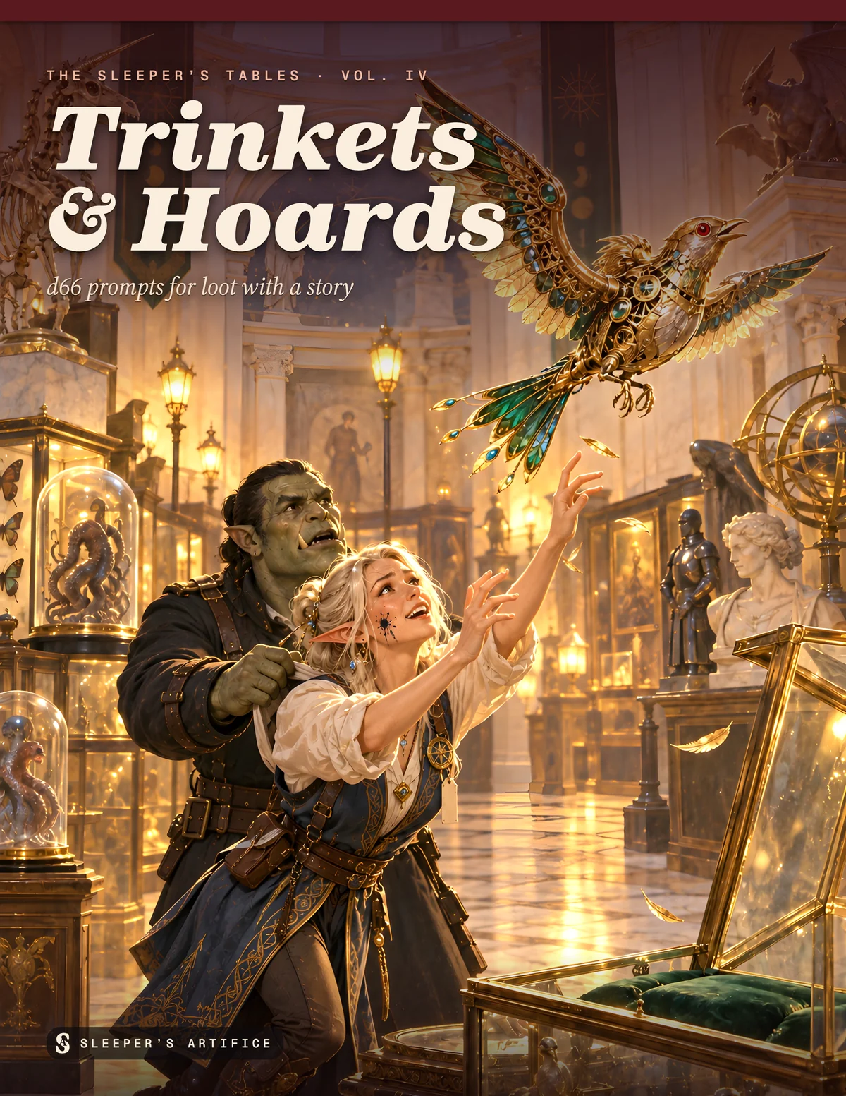 Cover of Trinkets & Hoards: an elf clerk on tiptoe grabbing at a jewelled mechanical bird escaping its case in a lamplit museum, an orc guard holding her back by the collar